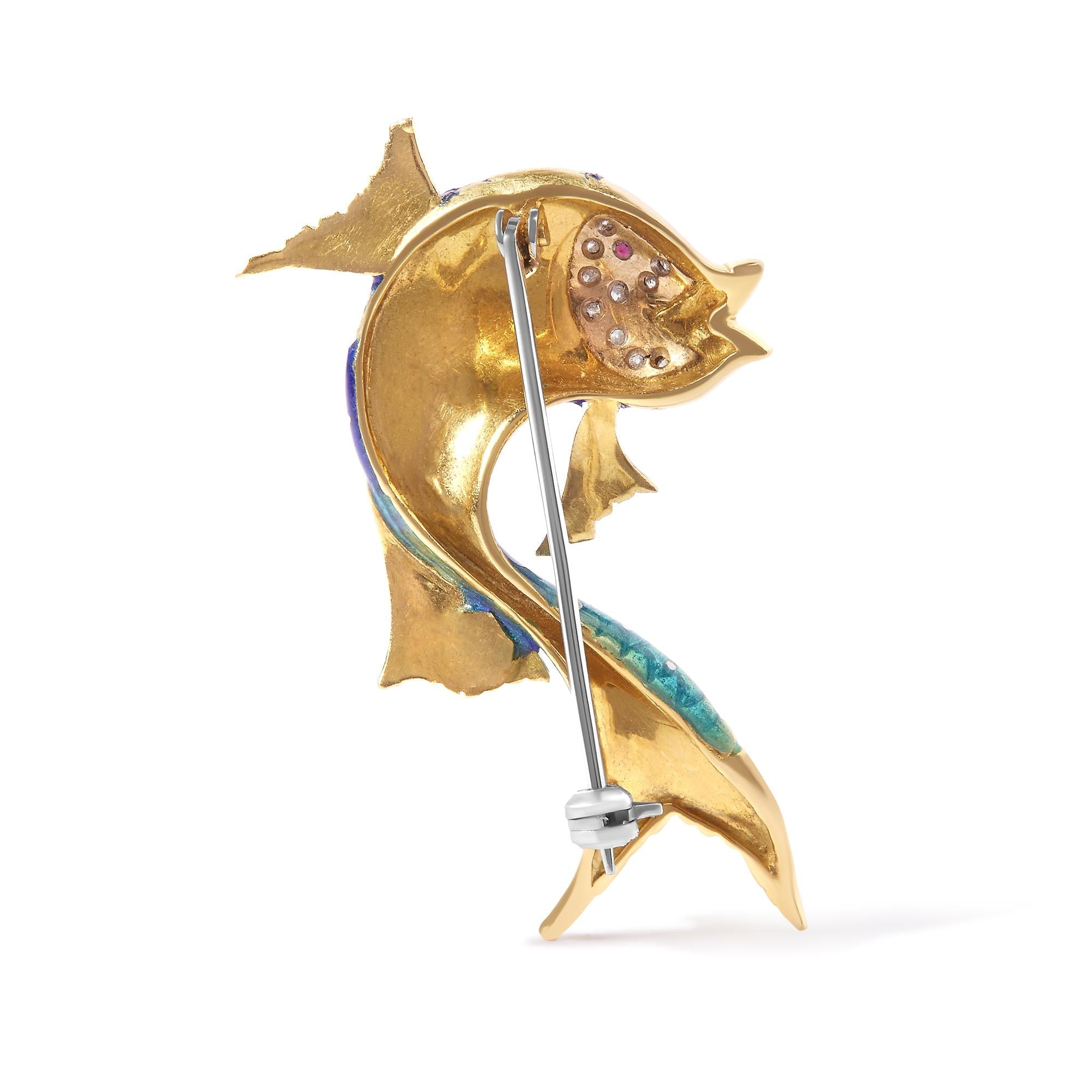 18K Yellow Gold and Blue Enamel Diamond and Pink Sapphire Fish Brooch Pin (H-I Color, VS2-SI1 Clarity) Lootquake LLC