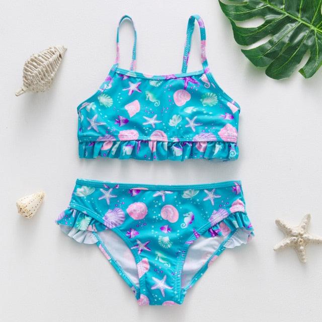 3-16Y Cartoon Two-piece Girls Swimwear Ruffle Swimsuit Bikini Set One Shoulder Beachwear Princess Two Piece Bathing Suit Children Swimwear Girls Swimsuit Bikini Set Stevvex