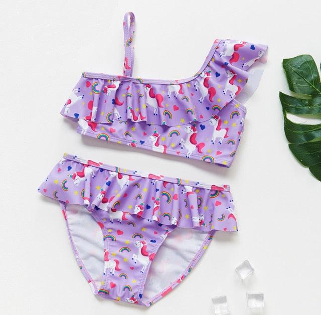 3-16Y Cartoon Two-piece Girls Swimwear Ruffle Swimsuit Bikini Set One Shoulder Beachwear Princess Two Piece Bathing Suit Children Swimwear Girls Swimsuit Bikini Set Stevvex