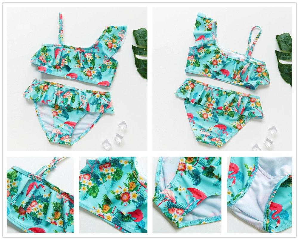 3-16Y Cartoon Two-piece Girls Swimwear Ruffle Swimsuit Bikini Set One Shoulder Beachwear Princess Two Piece Bathing Suit Children Swimwear Girls Swimsuit Bikini Set Stevvex