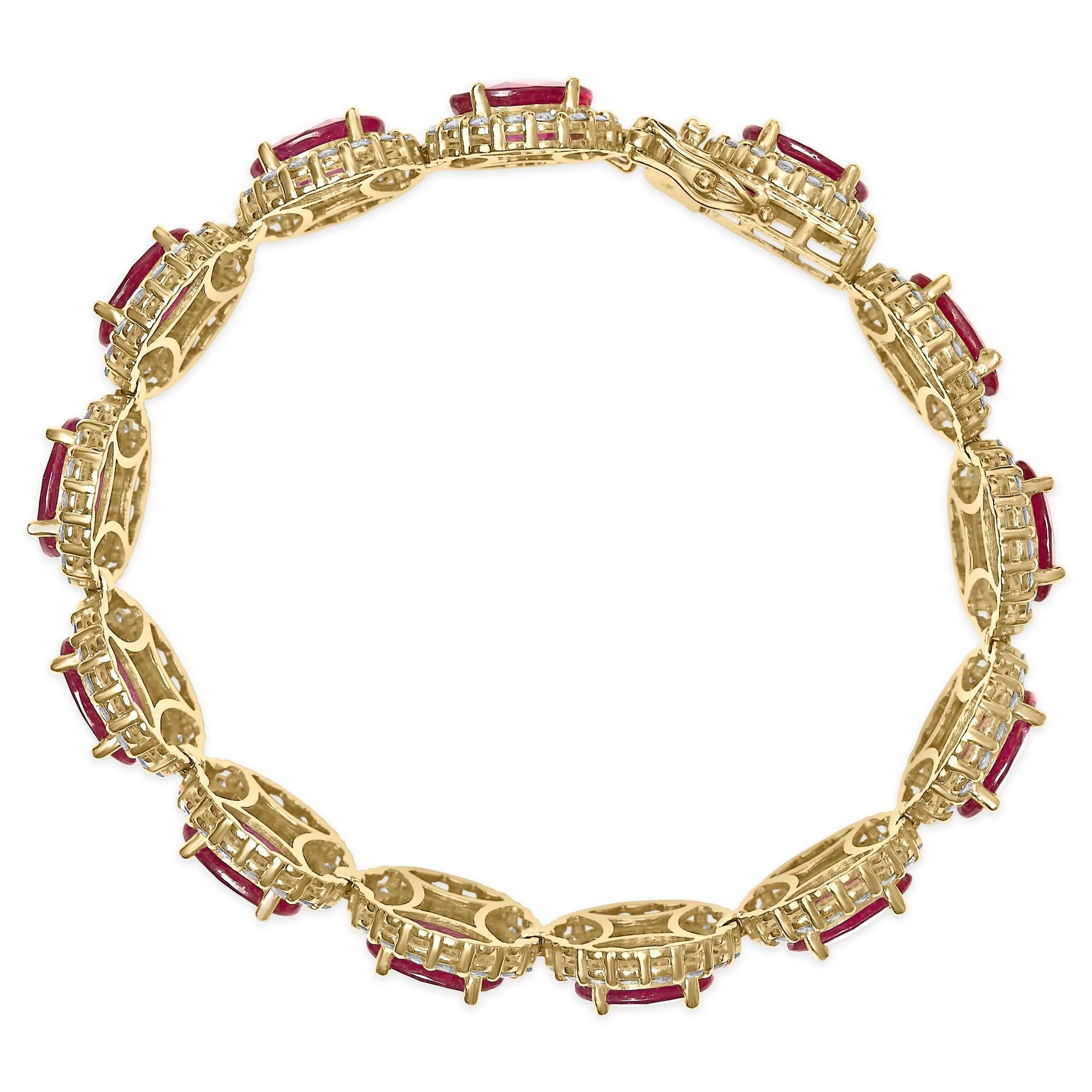 14K Yellow Gold 6 2/5 Cttw Diamond and 34.0 Cttw Oval Red Ruby Halo Link Bracelet (I-J Color, SI1-SI2 Clarity) - 7.25" Inches Lootquake LLC
