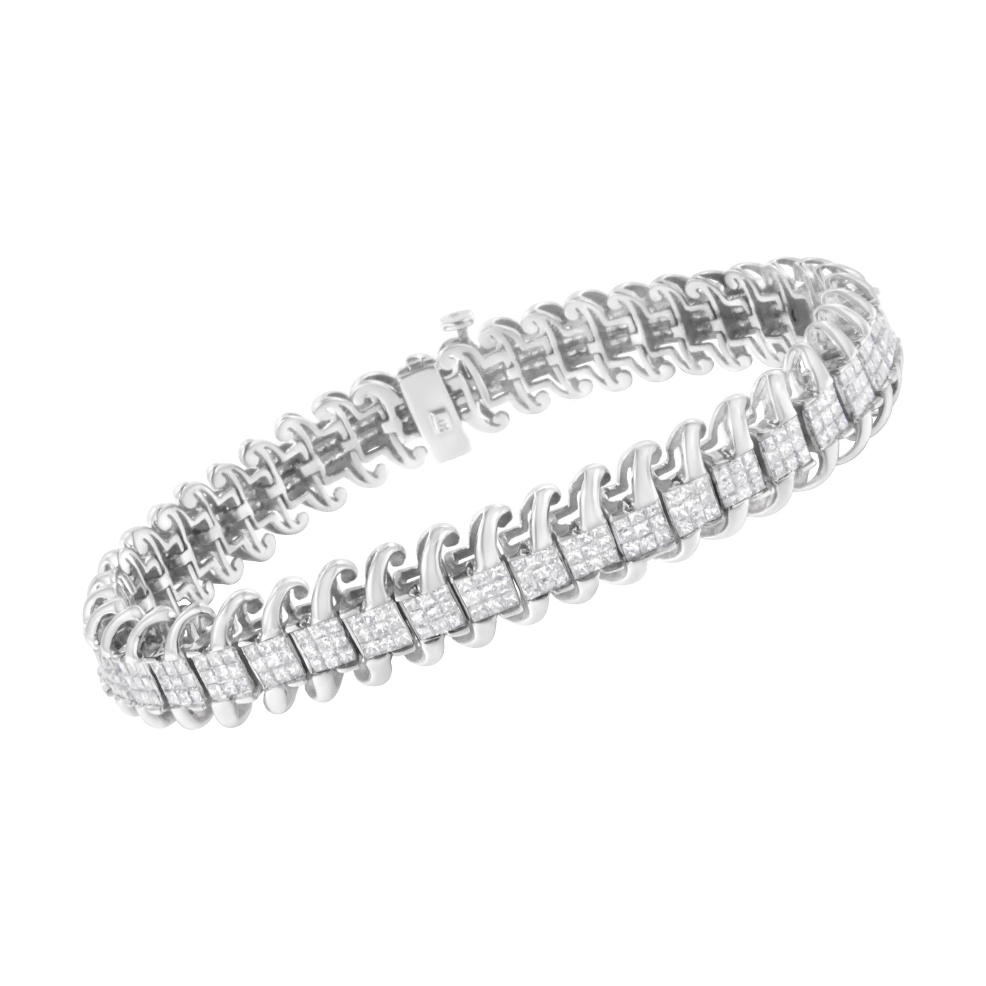 14K White Gold 5.0 Cttw Princess Cut Diamond 7" Invisible Set Wavy S-Link Tennis Bracelet (G-H Color, SI1-SI2 Clarity) Lootquake LLC