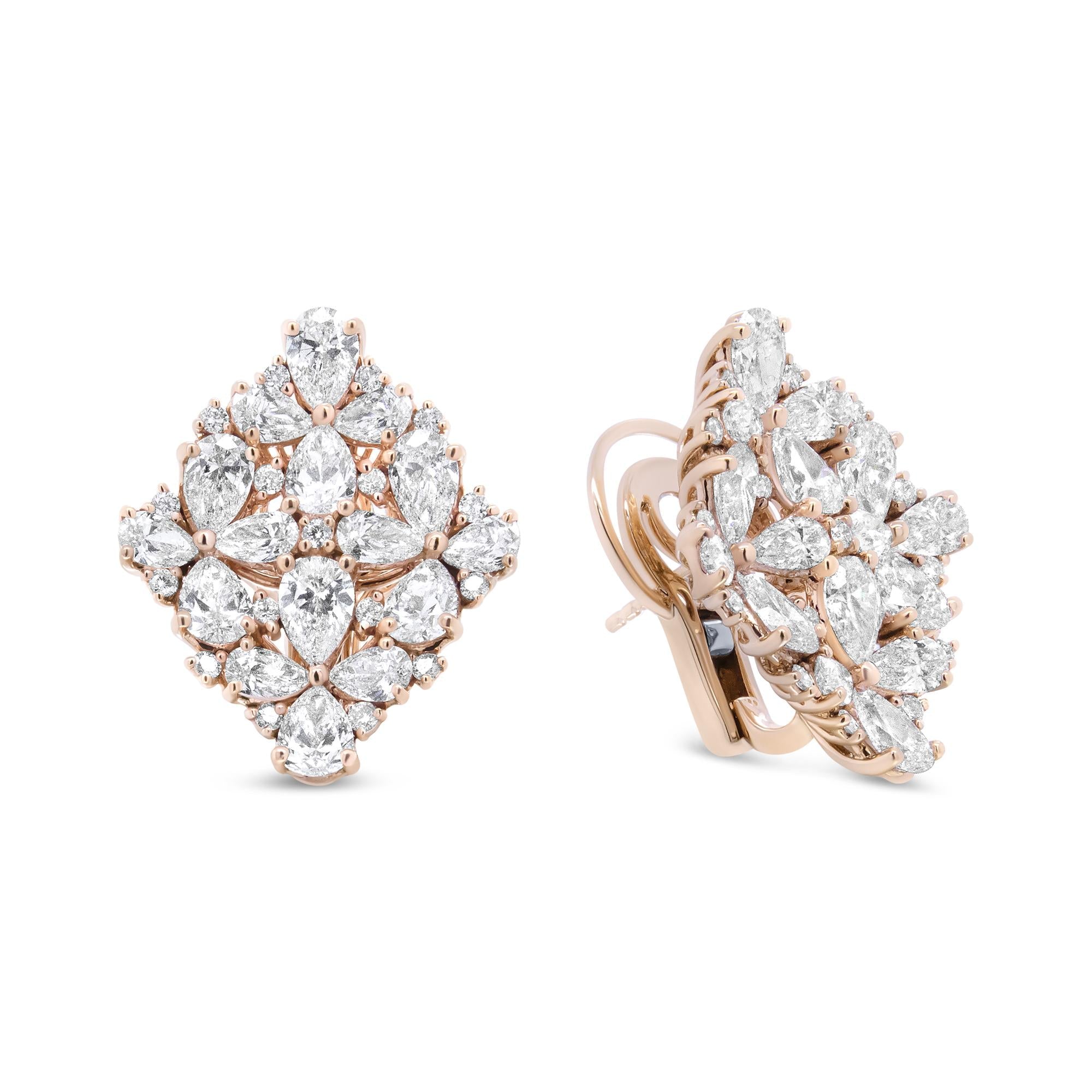 18K Rose Gold 8 1/3 Cttw Pear and Round Diamond Floral Cluster Omega Earrings (F-G Color, VS1-VS2 Clarity) Lootquake LLC
