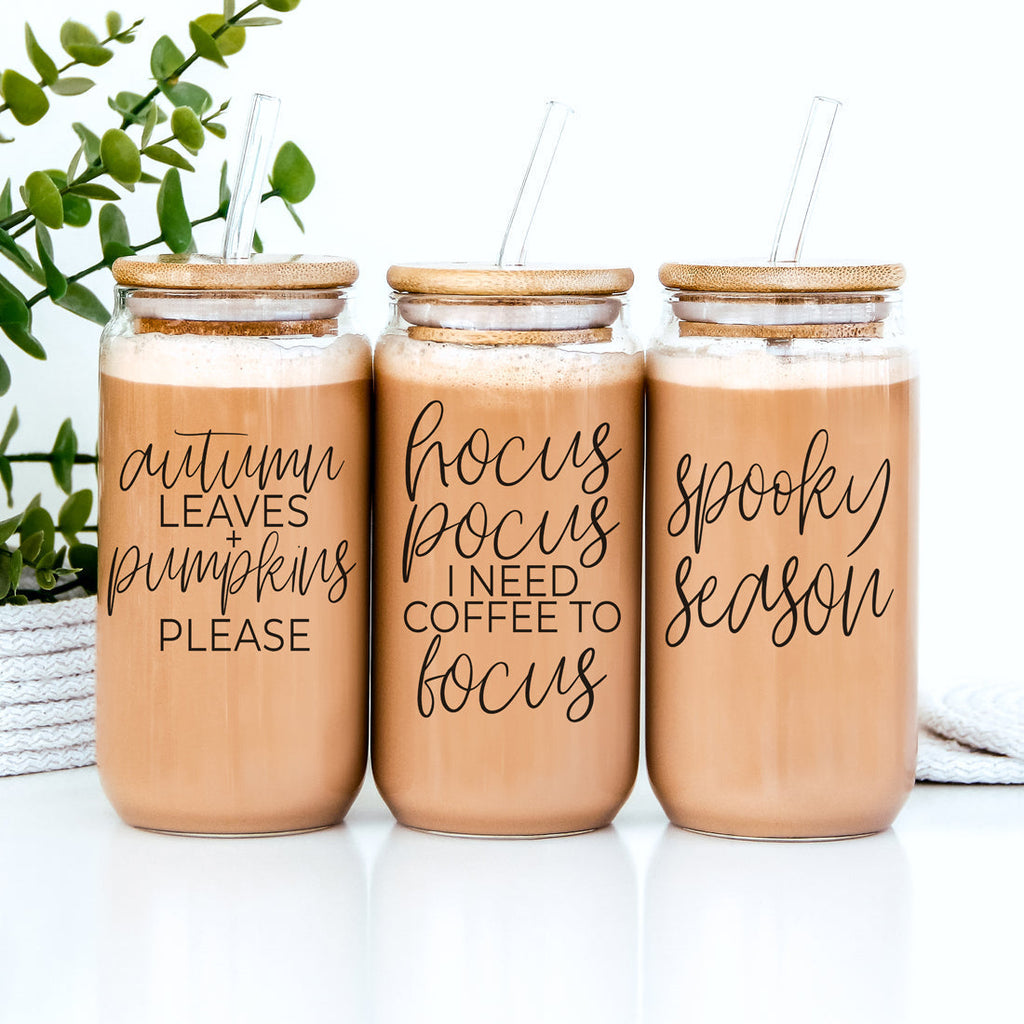 Autumn Leaves 20oz Glass Tumbler With Bamboo Lid, 2 Stainless Straws & Cleaner BandsCo Straps