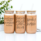 Autumn Leaves 20oz Glass Tumbler With Bamboo Lid, 2 Stainless Straws & Cleaner BandsCo Straps
