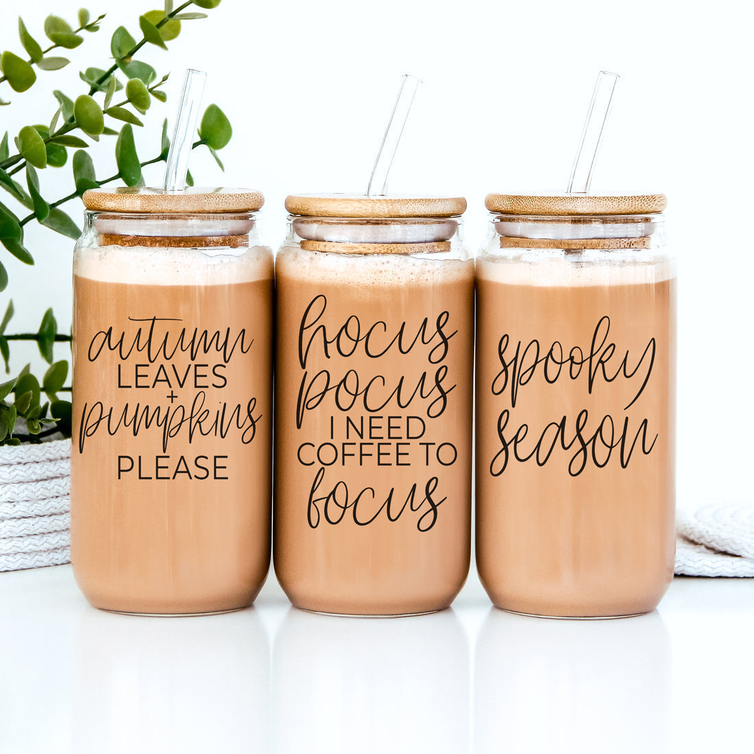 Autumn Leaves 20oz Glass Tumbler With Bamboo Lid, 2 Stainless Straws & Cleaner BandsCo Straps