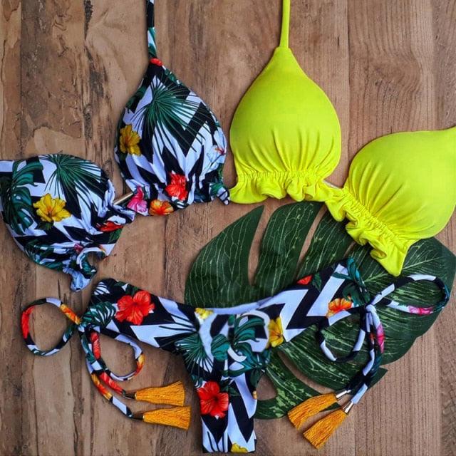 3 Piece Beautiful Pink Bikini Women Beach Outdoor Swimwear Floral Print Bikini Set Bikinis Swimsuit Women's Basic Push Up Bikini Set Textured Straps Wire Free Summer Bathing Suit Stevvex