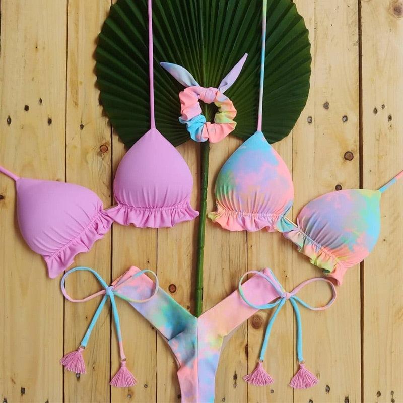3 Piece Beautiful Pink Bikini Women Beach Outdoor Swimwear Floral Print Bikini Set Bikinis Swimsuit Women's Basic Push Up Bikini Set Textured Straps Wire Free Summer Bathing Suit Stevvex