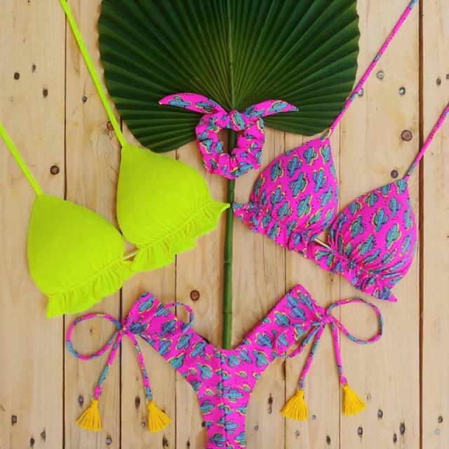 3 Piece Beautiful Pink Bikini Women Beach Outdoor Swimwear Floral Print Bikini Set Bikinis Swimsuit Women's Basic Push Up Bikini Set Textured Straps Wire Free Summer Bathing Suit Stevvex