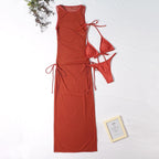 3 Pieces Set High Neck Swimwear Female Swimsuit Cover-Ups For Women Skirts Bikini Halter Triangle Bathing Suit Maxi Dress Bikini Cover Up