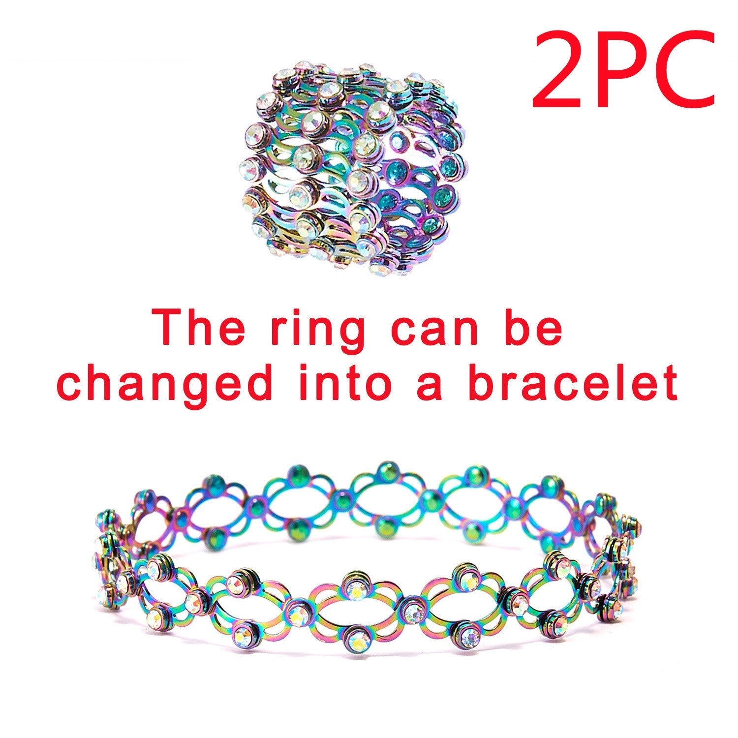 2 In 1 Folding Retractable Rings Bracelet Magic Rhinestone Rings Deformable Bracelet Women Ins Style Adjustable Fashion Jewelry Pi-Mart
