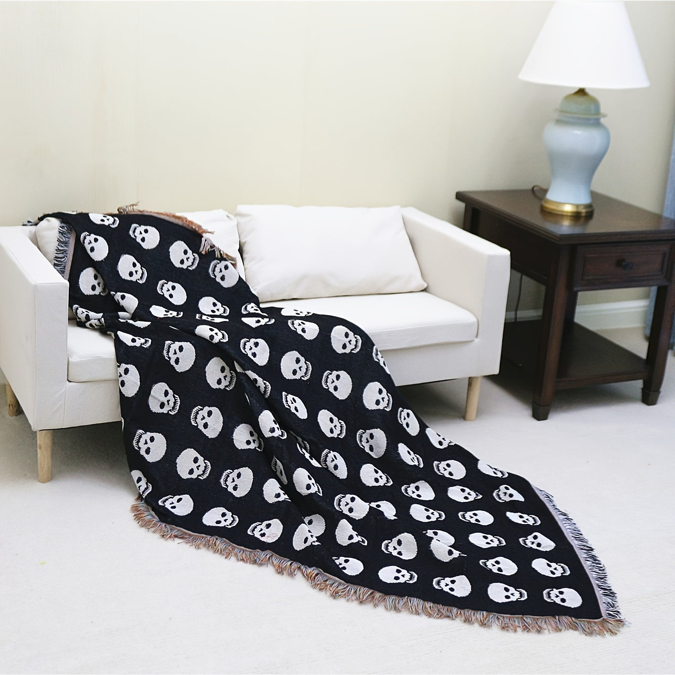 1pc Bohemian Knitted Halloween White Skull Printed Tassel Blanket, Suitable For Leisure Picnic Outdoor Camping Lootquake LLC