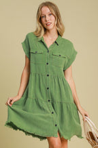Green Full Size Button-Down Shirt Dress Plus Size Casual & Simple Lightweight Dress Stevvex