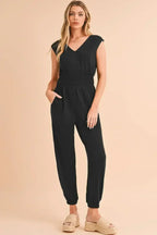 Black Shirred High Waist V Neck Sleeveless Jumpsuit