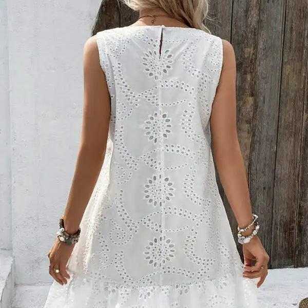Ladies' Solid Color Vacation Style Hollow Flower Pattern Details Round Neck Off Shoulder Wide Shoulder Strap Mushroom Edge Hanging Pleat Elegant Style Dress - SJB-DIAMOND ELITES