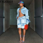 FAGADOER Summer New Fashion Denim 2 Piece Sets Woman Outfit Long Sleeves Patchwork Crop Jacket + Short Female Streetwear New Purplish Diva