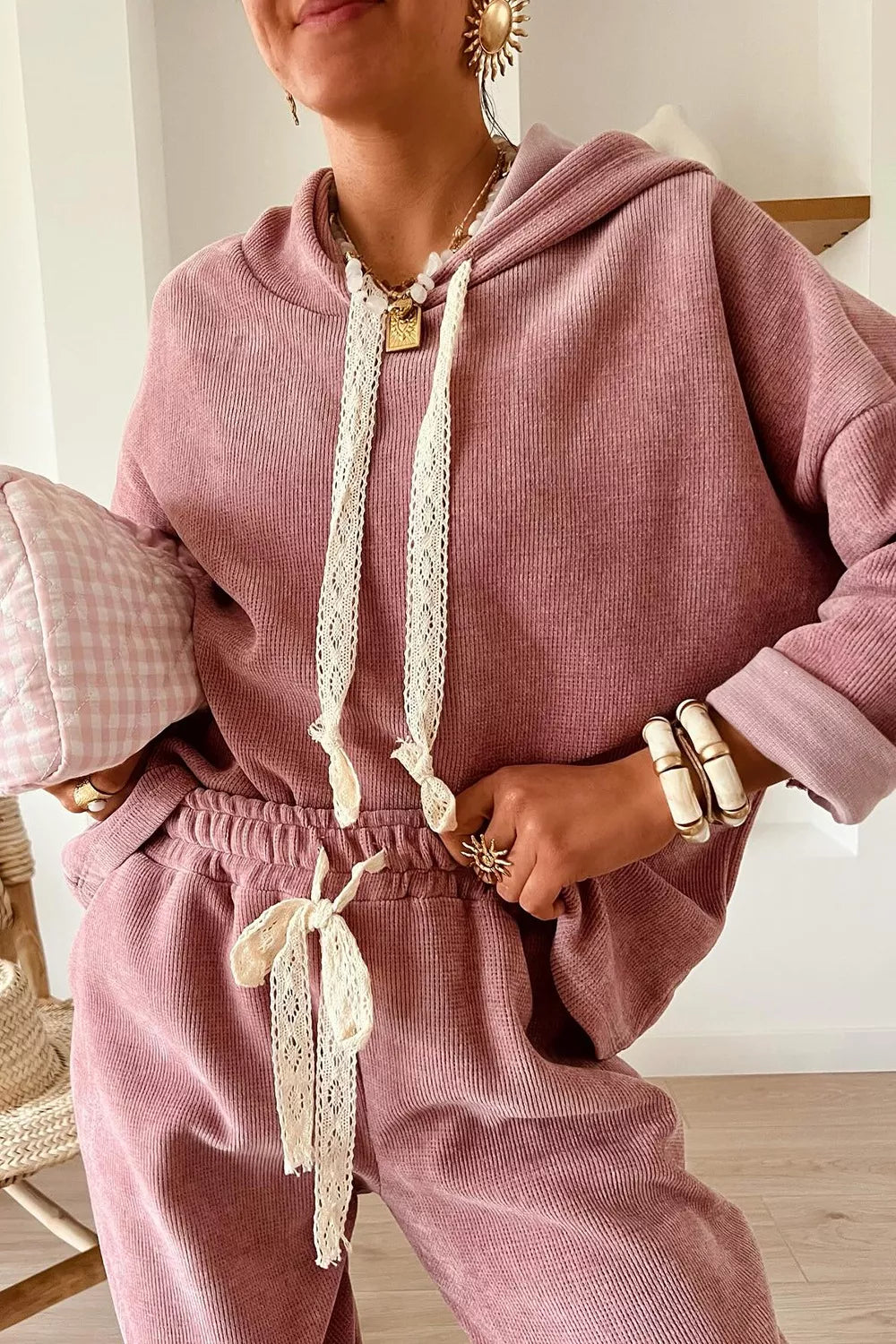 Lace Detail Dropped Shoulder Hoodie and Pants Set THRIXINE