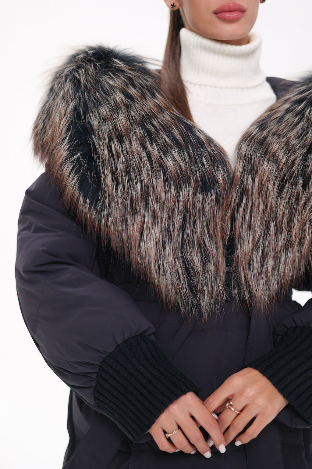 Rei Genuine Fur Trim Hooded Down Coat in Navy - SJB-DIAMOND ELITES