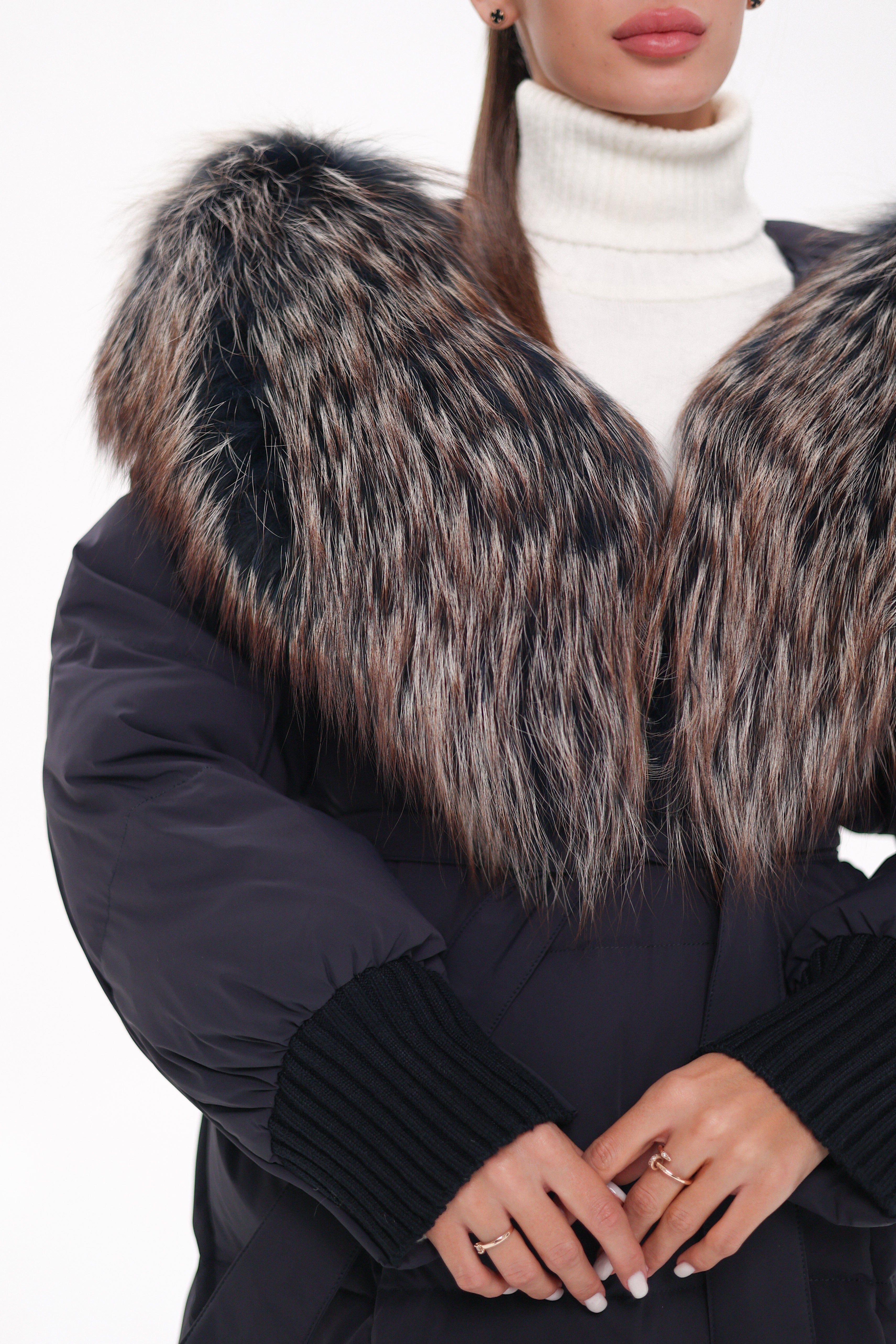 Rei Genuine Fur Trim Hooded Down Coat in Navy - SJB-DIAMOND ELITES