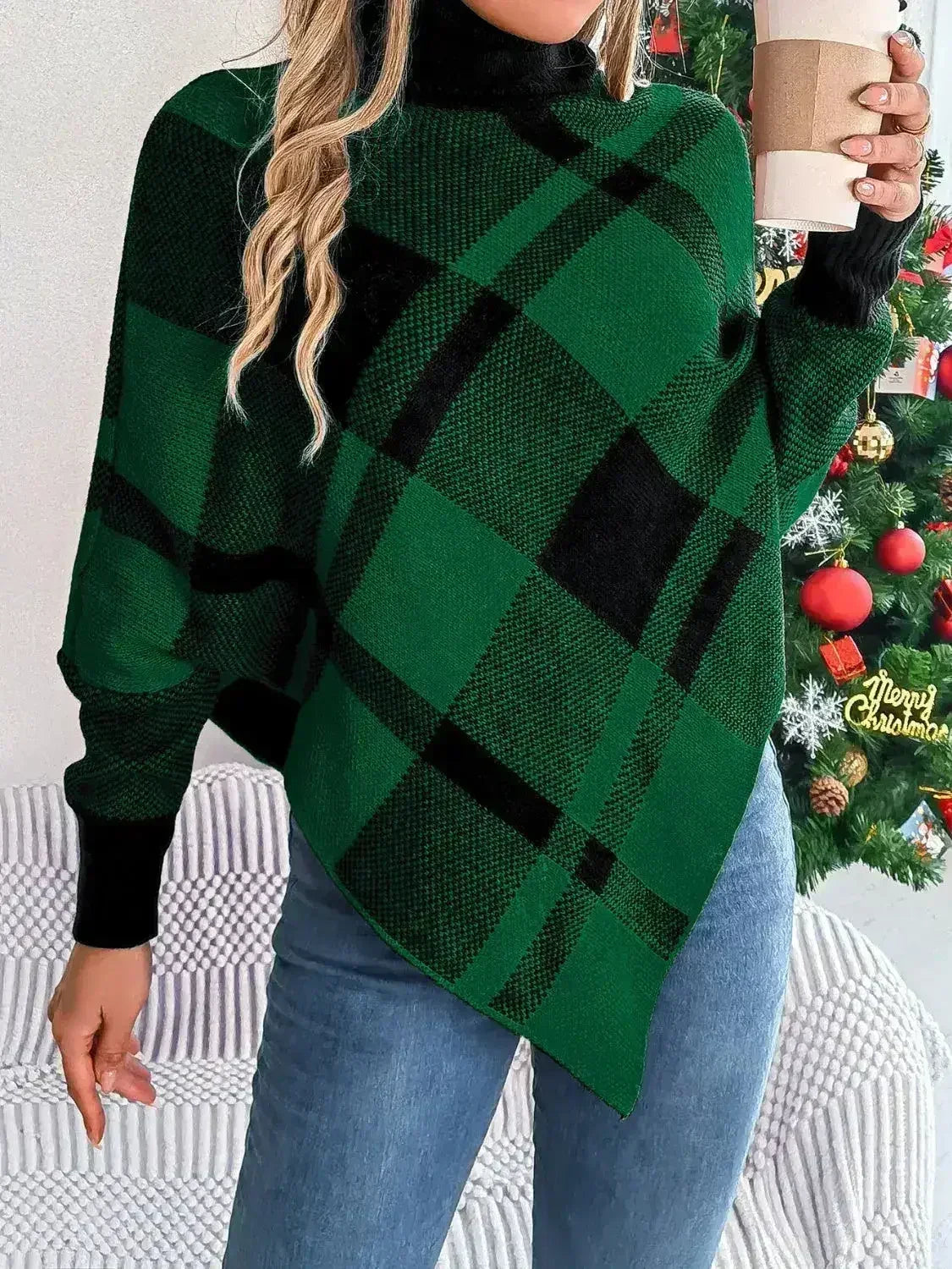 Plaid Turtleneck Batwing Sleeve Sweater - SJB-DIAMOND ELITES