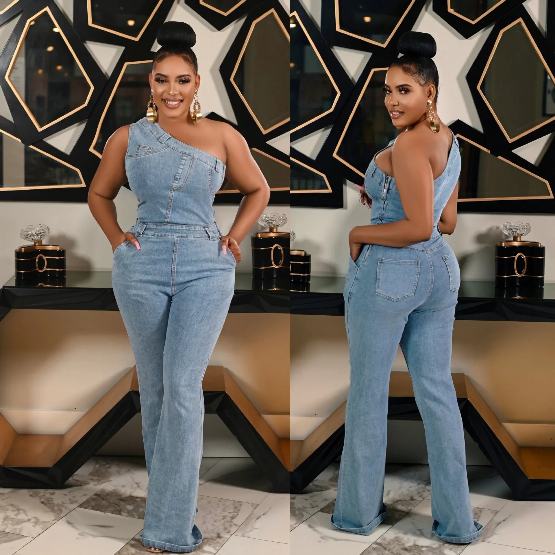 Demin Overalls Women Jumpsuits One Shoulder Mom Jeans Bodycon Long Pants Flare Pant High Waist Streetwear Y2k Slim Fit Rompers Purplish Diva