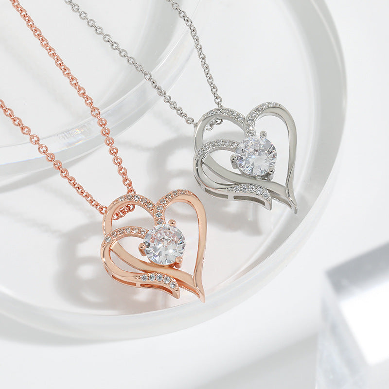 Zircon Double Love Necklace With Rhinestones Ins Personalized Heart-shaped Necklace Clavicle Chain Jewelry For Women Valentine's Day Pi-Mart
