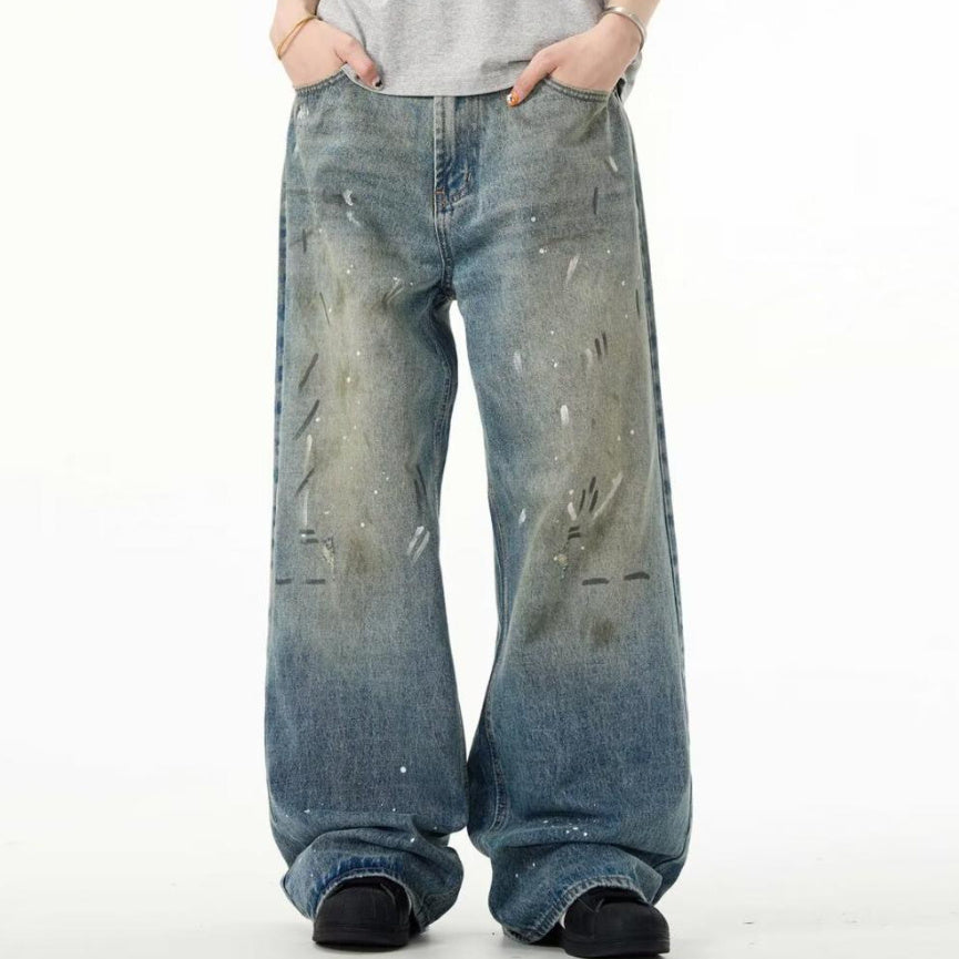 Splash-ink Jeans Men's Retro Washed Distressed Baggy Straight Trousers Lootquake LLC