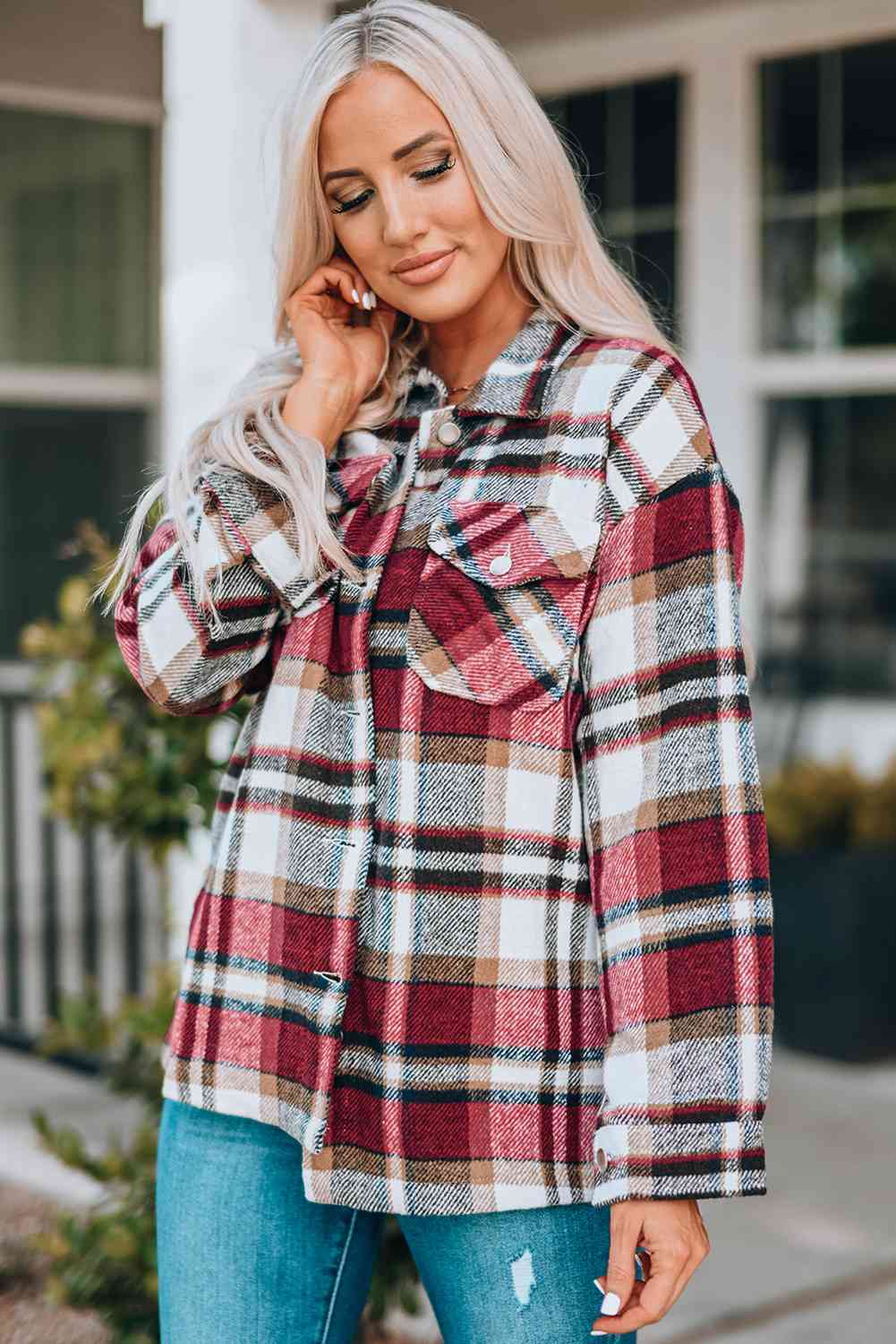 Classic Plaid Button Front Shirt Jacket with Breast Pockets Casual & Minimalist Outerwear Stevvex