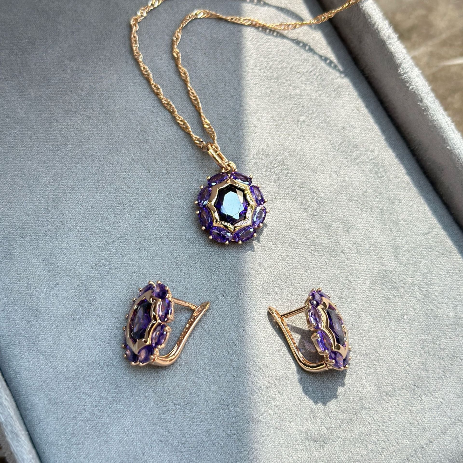 Gulkina Purple Gold Ring Earrings Necklace Amethyst Ornament Suit Pi-Mart