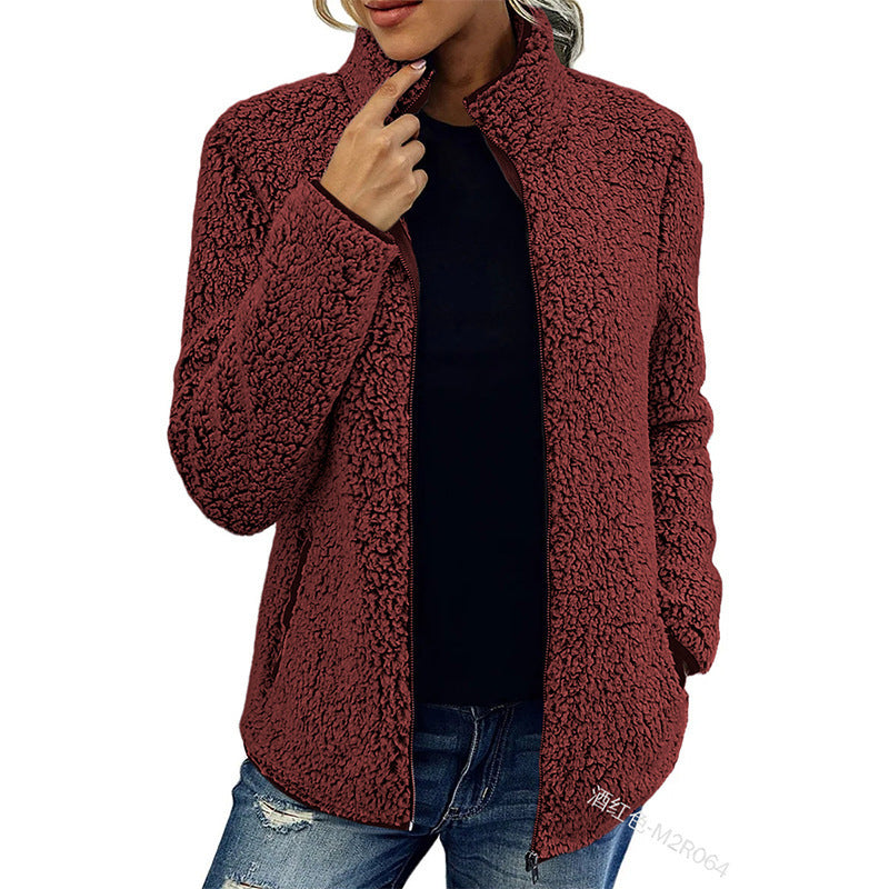 Fall Winter Warm Sweatshirt Stand Collar Solid Color Top Sweater Women's Casual Fashion Long Sleeve Zipper Bubble Velvet Coat Tops Pi-Mart