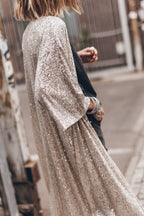 Apricot Sequin 3/4 Sleeve Open Front Duster Cardigan - Femstylo
