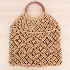 Popula Cotton Rope Hollow Straw Bag Sheer Macrame Tote wooden ring rattan handle Net Bag Vintage Retro Chic handbag Pi-Mart