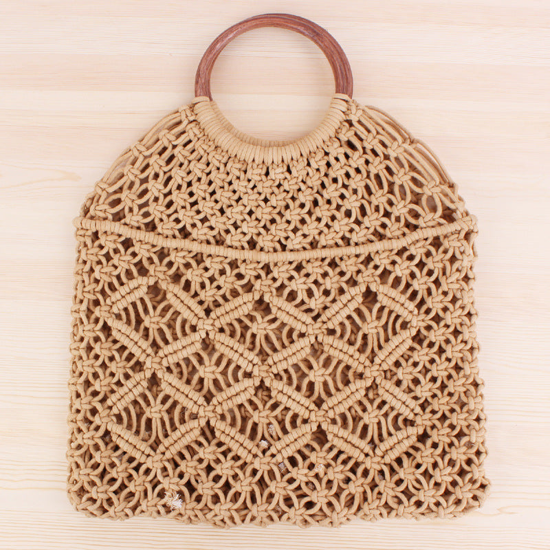 Popula Cotton Rope Hollow Straw Bag Sheer Macrame Tote wooden ring rattan handle Net Bag Vintage Retro Chic handbag Pi-Mart