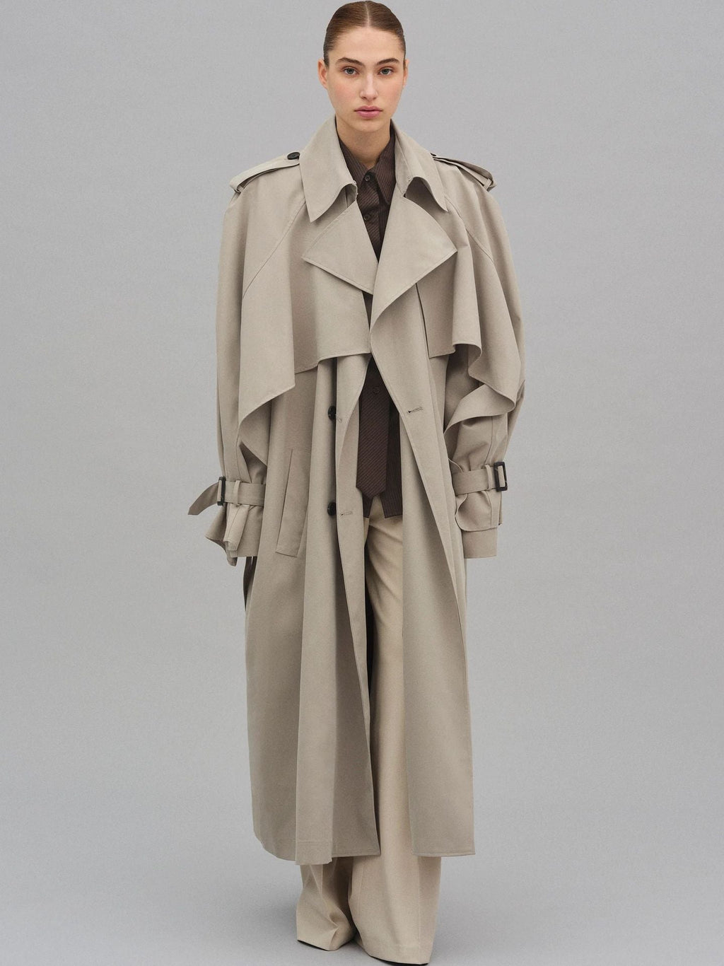 Women's Long Khaki Belted Cape Trench Coat Pi-Mart