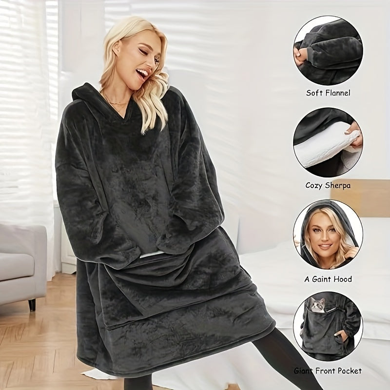 1pc, Soft And Comfortable Large Pocket Hooded Blanket, Exquisite Design, Warm Wearable Blanket For Sofa Living Room Bed Indoor And Outdoor