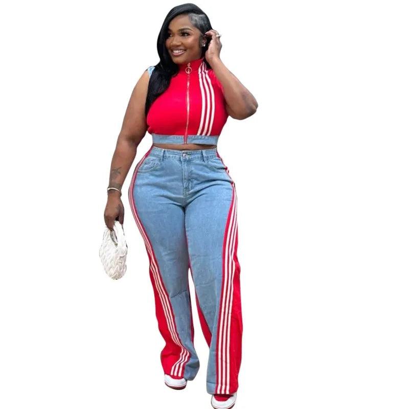 2 Pieces Women's Sets 2025 Spring Summer Denim Sleeveless Suit Tops And Wide Leg Pants Suits Two Piece Set Tracksuit Outfit Purplish Diva