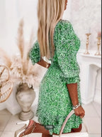 V-neck Printed Dress With Ruffled Waist, Exquisite And Elegant Design-perfect For Spring And Autumn. - SJB-DIAMOND ELITES