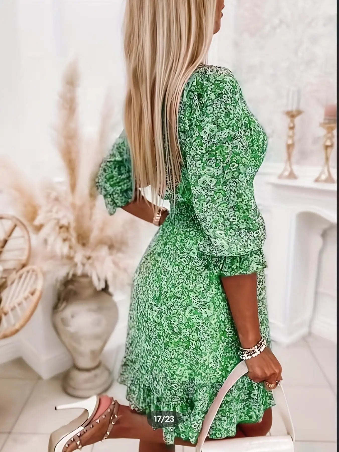 V-neck Printed Dress With Ruffled Waist, Exquisite And Elegant Design-perfect For Spring And Autumn. - SJB-DIAMOND ELITES
