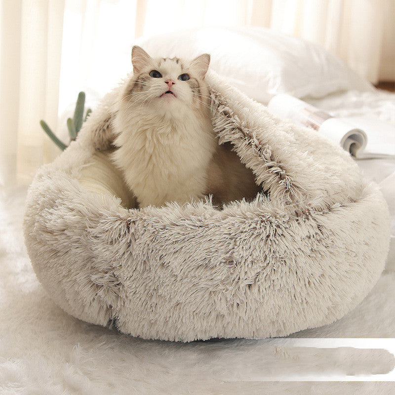 2 In 1 Dog And Cat Bed Pet Winter Bed Round Plush Warm Bed House Soft Long Plush Pets Bed Pi-Mart