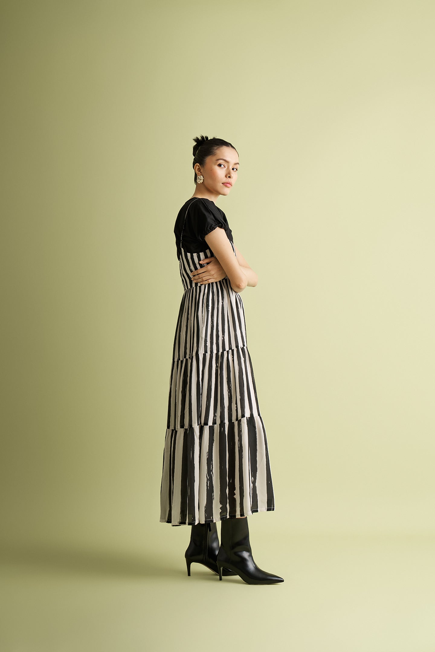 Strappy Tiered Maxi Dress in Black Stripes Purplish Diva