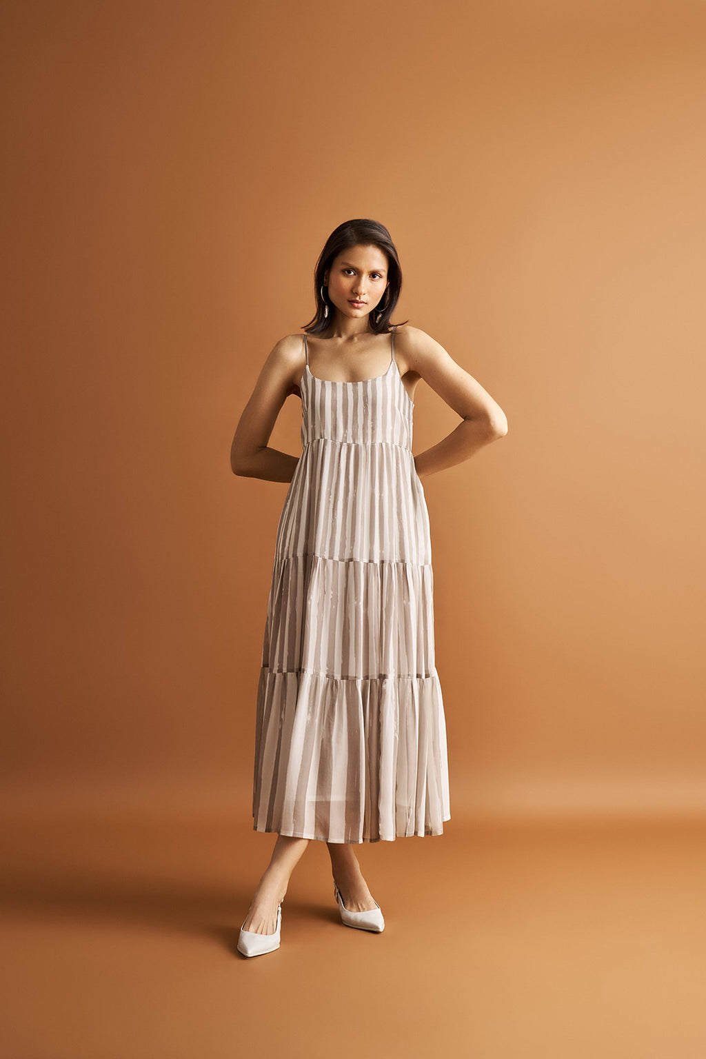 Strappy Tiered Maxi Dress in Beige Stripes Purplish Diva