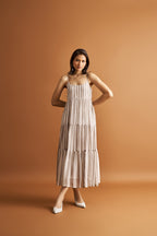 Strappy Tiered Maxi Dress in Beige Stripes Purplish Diva