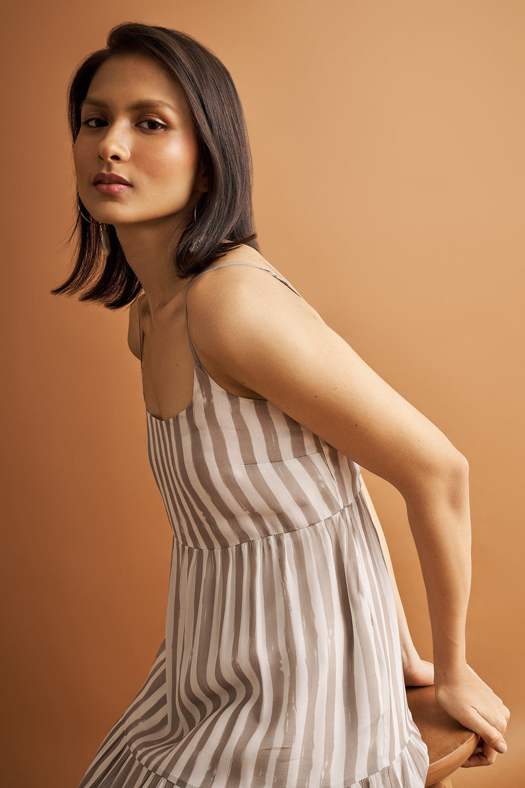 Strappy Tiered Maxi Dress in Beige Stripes Purplish Diva