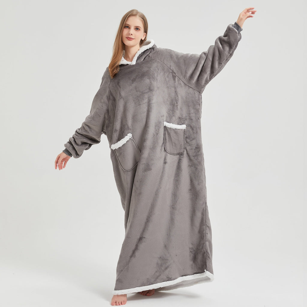 1pc Simple Solid Color Fleece Lazy Person Hooded Blanket Can Be Worn