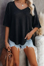 Blue Exposed Seam Drop Sleeve V Neck Waffle Textured Top
