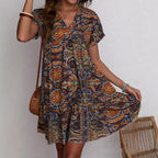 Women's Clothing Printed V-neck Leisure Vacation Style Dress Lootquake LLC