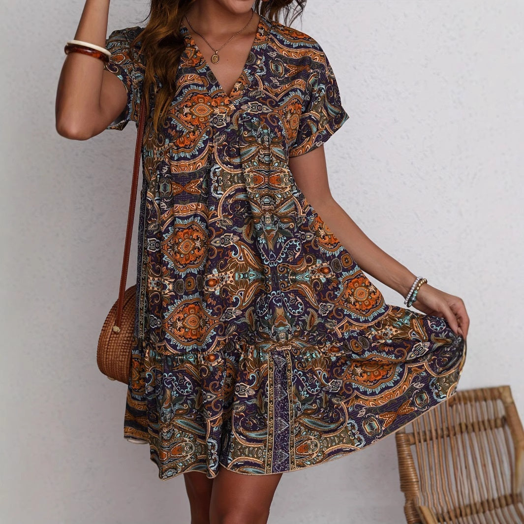 Women's Clothing Printed V-neck Leisure Vacation Style Dress Lootquake LLC