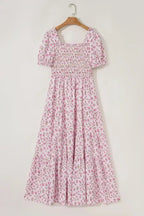 White Frill Neckline Shirred Bodice Floral Maxi Dress