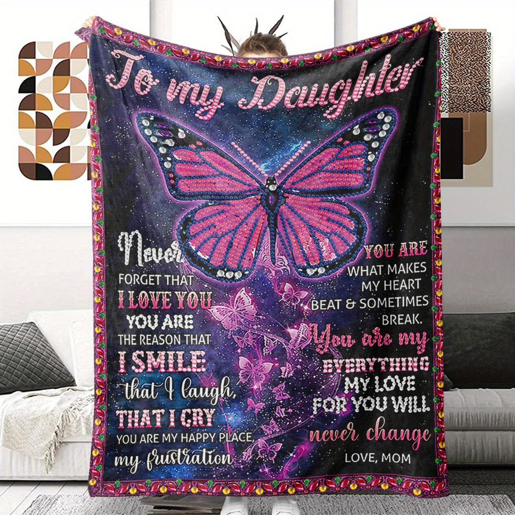 1pc Butterfly Printed Flannel Blanket, To My Daughter From Mom Envelope Blanket For All Season, Warm Cozy Soft Throw Blanket Nap Blanket For Couch Bed Sofa Office Camping Travel Home Decor, Holiday Gift Blanket For Daughter Lootquake LLC