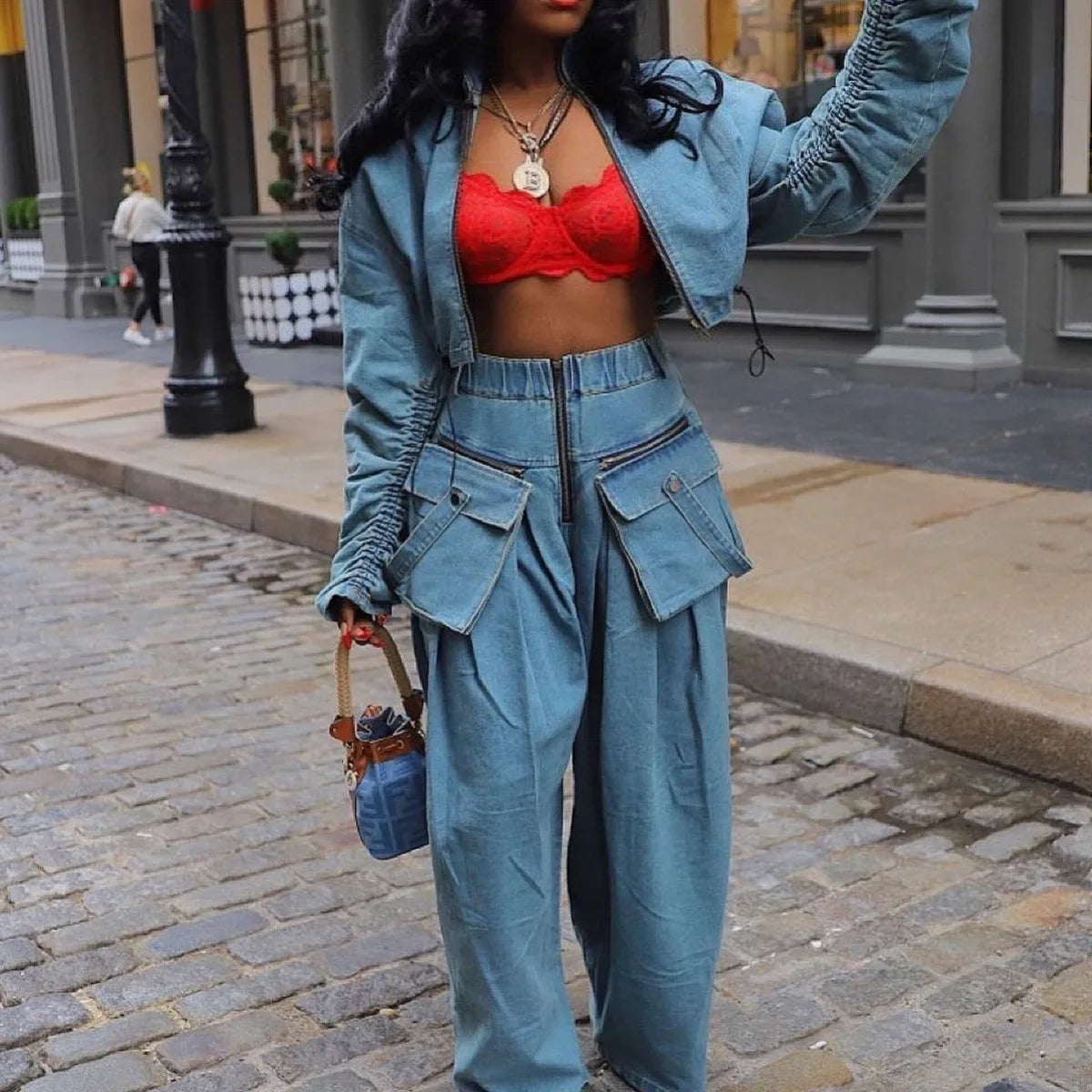 Denim Two Piece Sets Women Pant Set Y2k Streetwear Coats Jeans Elegant Matching Sets Coat Top Long Pants Jackets Streetwear Purplish Diva